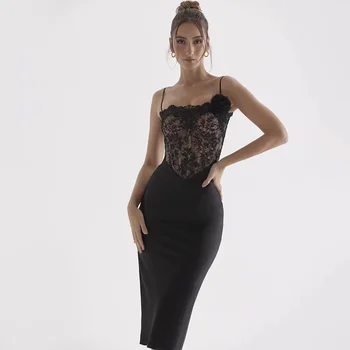 Летнее Сексуальное кружевное платье с объемным цветком, Черное платье на подтяжках, обтягивающее Эластичное платье с разрезом сзади для ночного клуба, короткая бандажная юбка