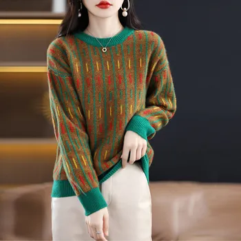 Женский пуловер, вязаный свитер На осень-зиму 2023, Новая мода, Корейский жаккард, лоскутное шитье, толстая Свободная Женская нижняя рубашка