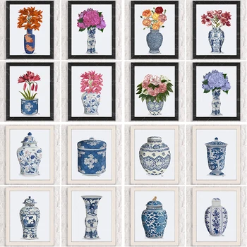 Акварельный принт в виде вазы шинуазри, банка имбиря, фарфор династии Мин, бело-голубой плакат восточного искусства, настенное художественное украшение