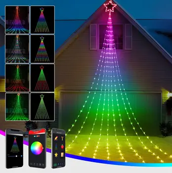 Светодиодные фонари-водопад, Звездная гирлянда, Рождественская елка, RGB-гирлянды, умное приложение, сделай сам, изображение, Bluetooth-управление, Декор для Рождественской вечеринки